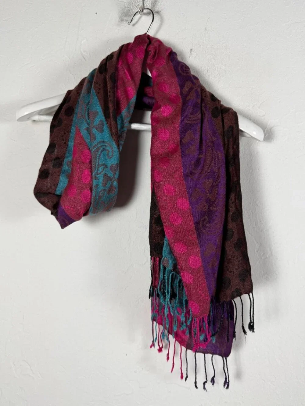 Multicolor Paisley Floral Polka Dot Scarf Fringe Trim Wrap 70x27 Lightweight
